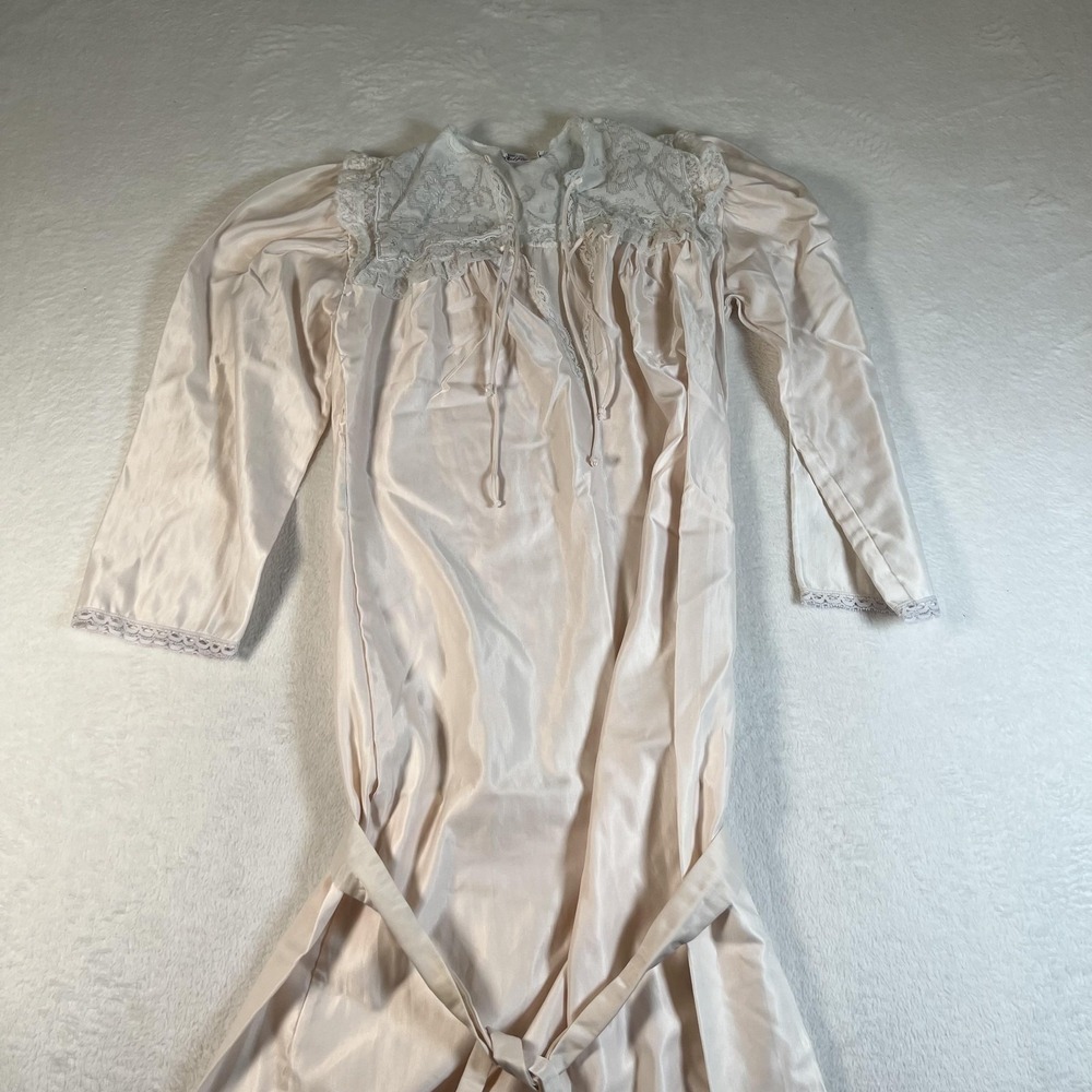 Vintage Iris Gown Womens Medium White Satin Lace Belted Long Sleeve Nightgown